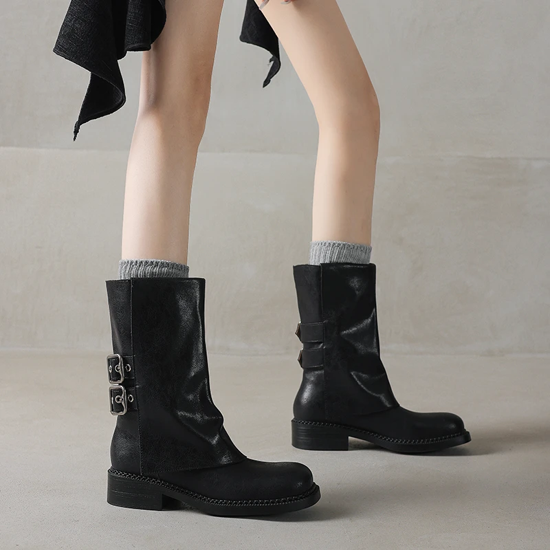 森和匠新款美拉德中跟裤管靴女方头中筒新疆旅游靴子夏草原骑士靴