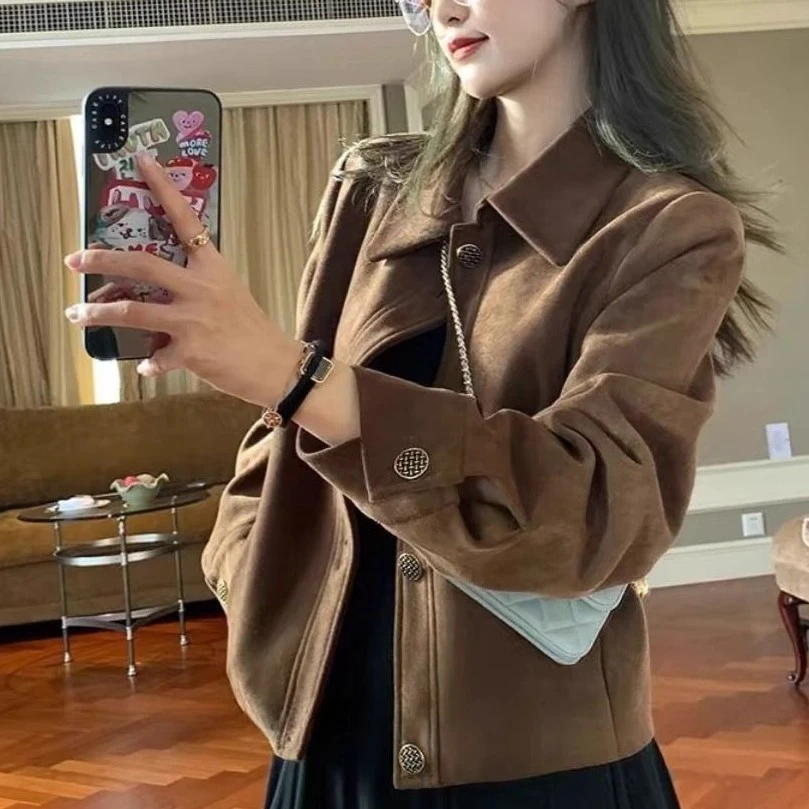 咖色麂皮绒外套女短款2025春秋款韩系宽松休闲复古小个子夹克上衣
