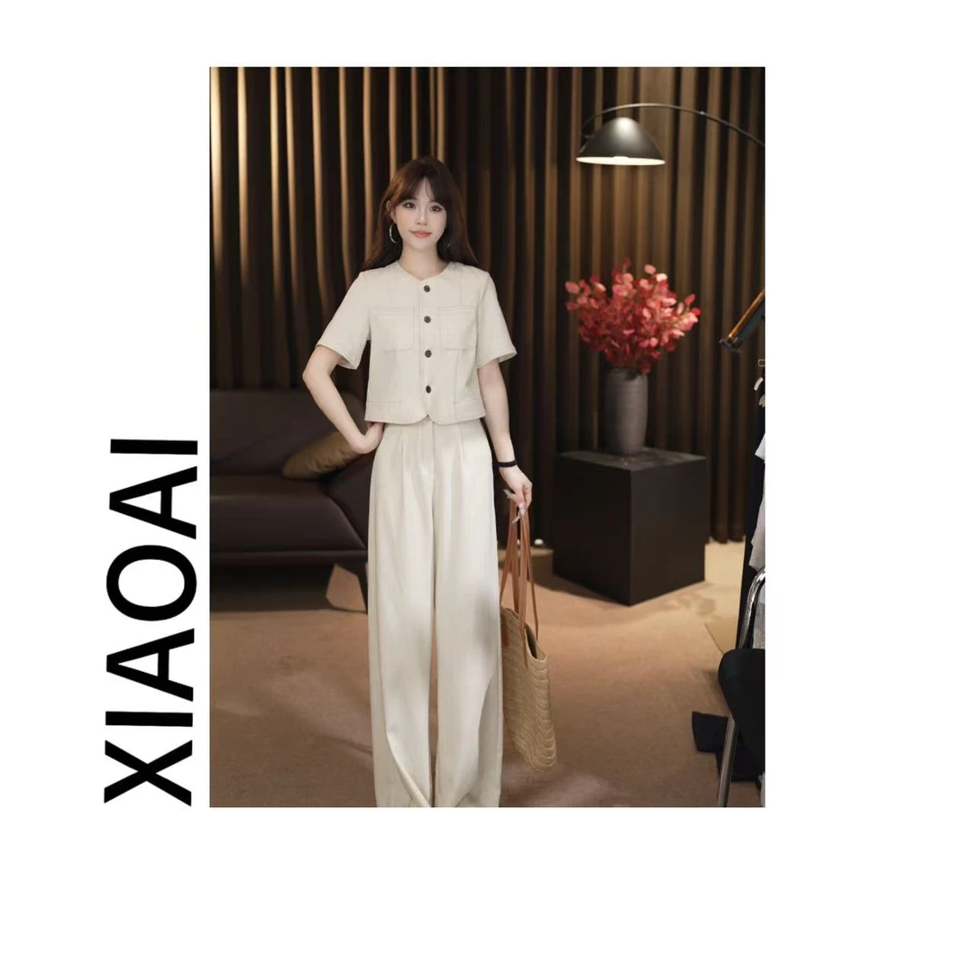 【XIAOAI】F078初夏新款2025高级气质显瘦短袖+直筒裤套装女