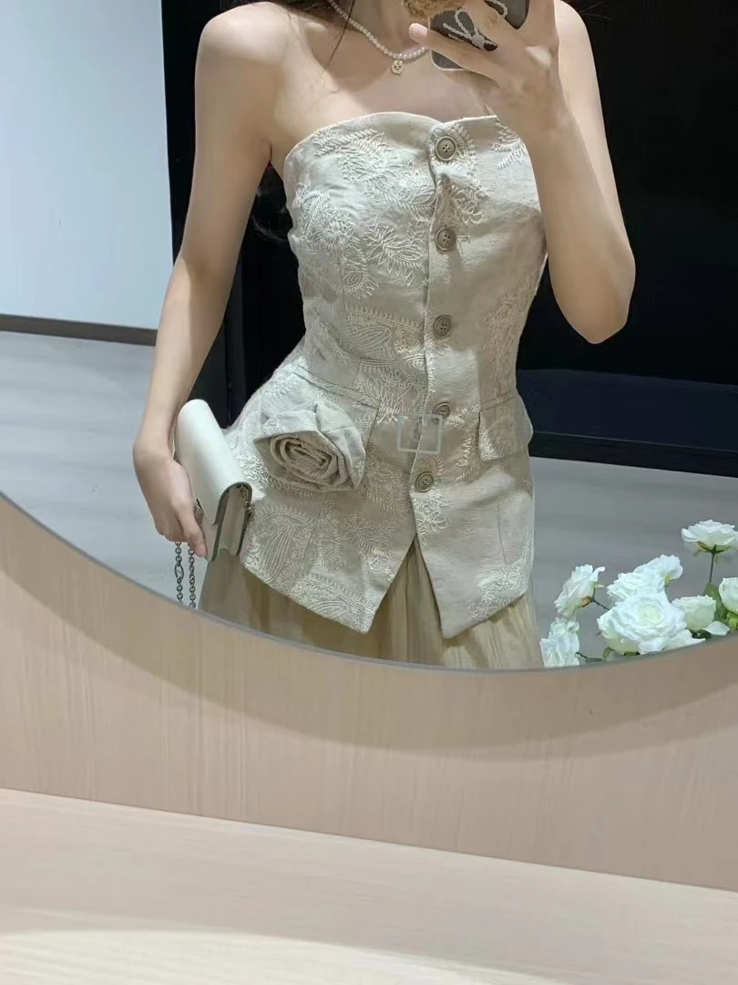 设计感花朵抹胸背心韩系修身显瘦小众上衣