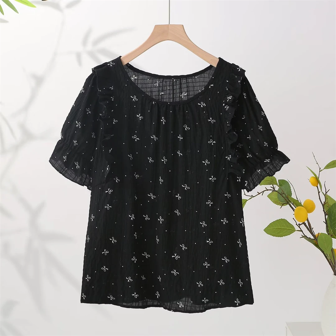 大码胖mm法式时尚蝴蝶结碎花百搭显瘦衬衫女夏季减龄小衫藏肉H655