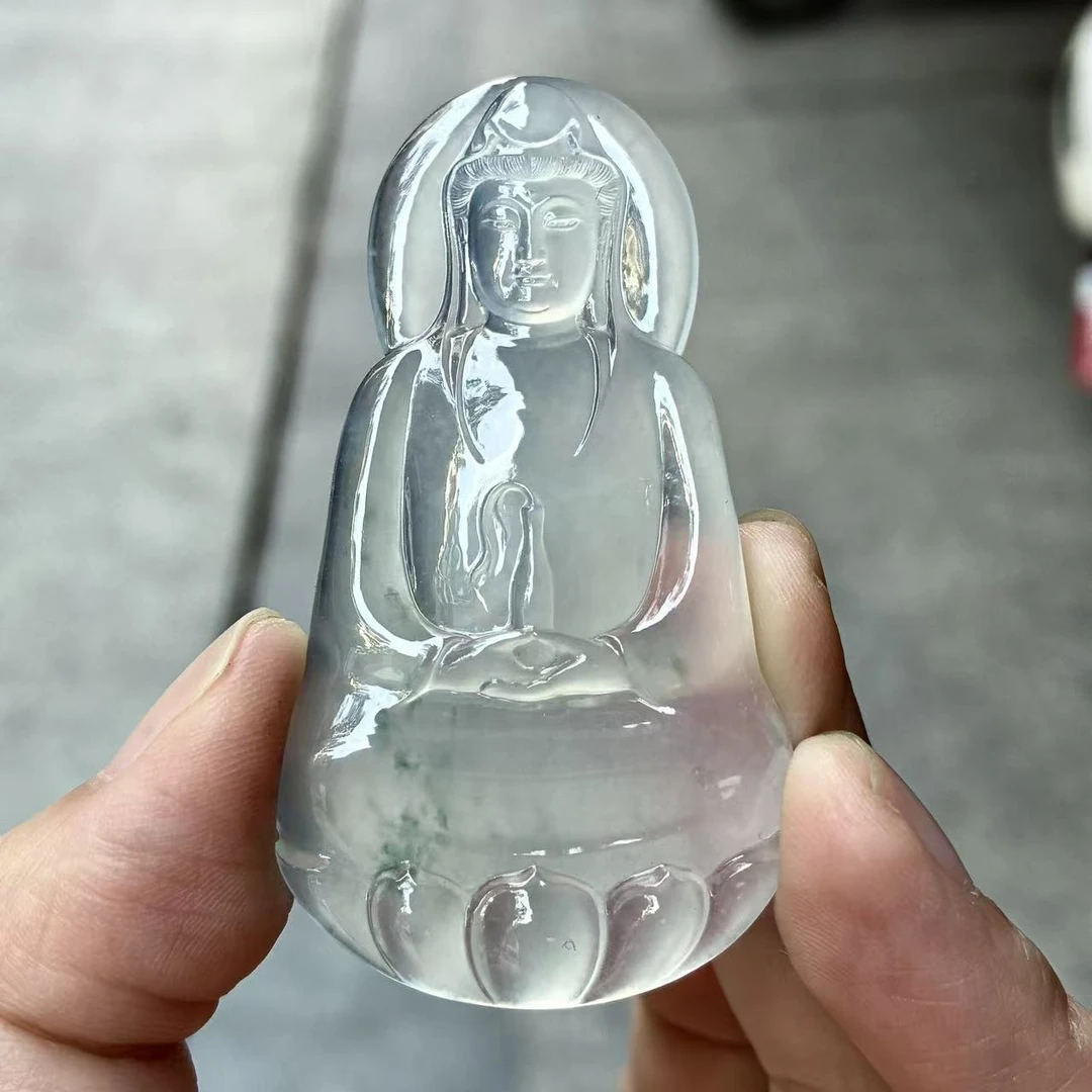 天然a货缅甸翡翠自然光60.5/31.9/6.4，玻璃种飘绿花素衣观音吊坠