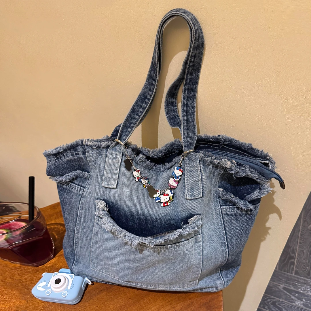 复古牛仔帆布包包女2025新款通勤休闲上班杂物单肩手提包大容量