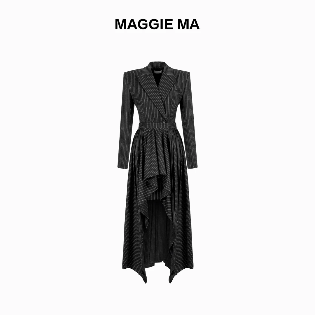 MAGGIE MA马婧设计师款黑色条纹不规则裙摆飘逸连衣裙602D