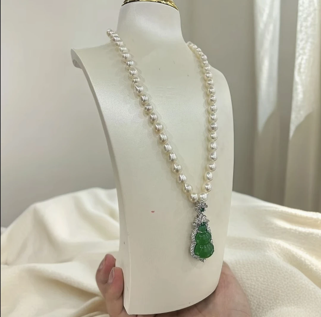 链子925银合成锆石 古典满绿色豪华镶嵌葫芦项链豪镶满锆中式风