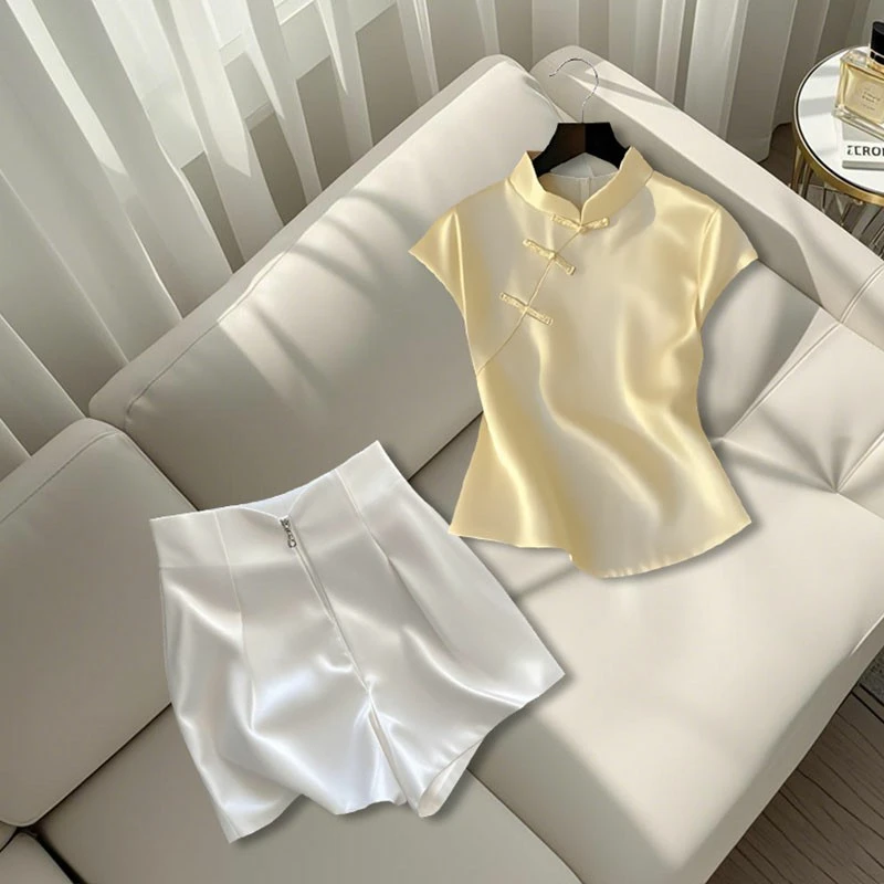 2025夏季新款洋气时尚别致气质立领显瘦上衣高腰百搭休闲直筒短裤