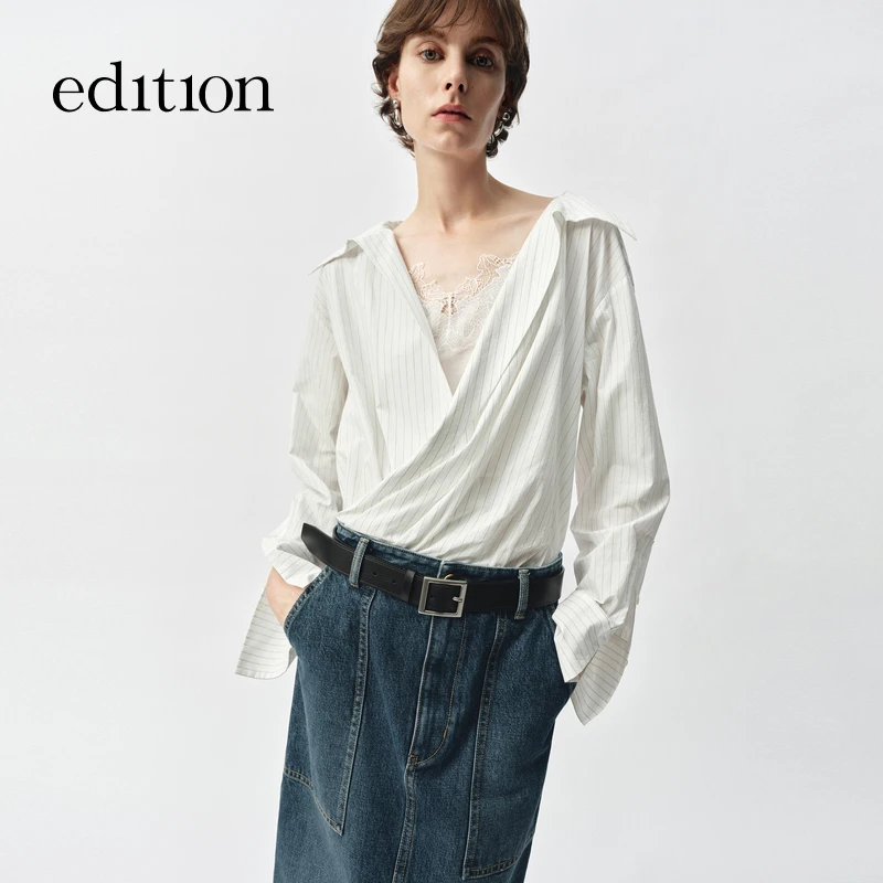 【精英衣橱系列】edition2025春新款蕾丝拼接条纹衬衫#EBE1TOP014