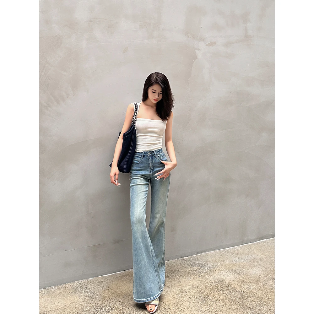 IFMR复古喇叭裤新款辣妹修身显瘦猫须磨白款水洗牛仔微喇裤99503