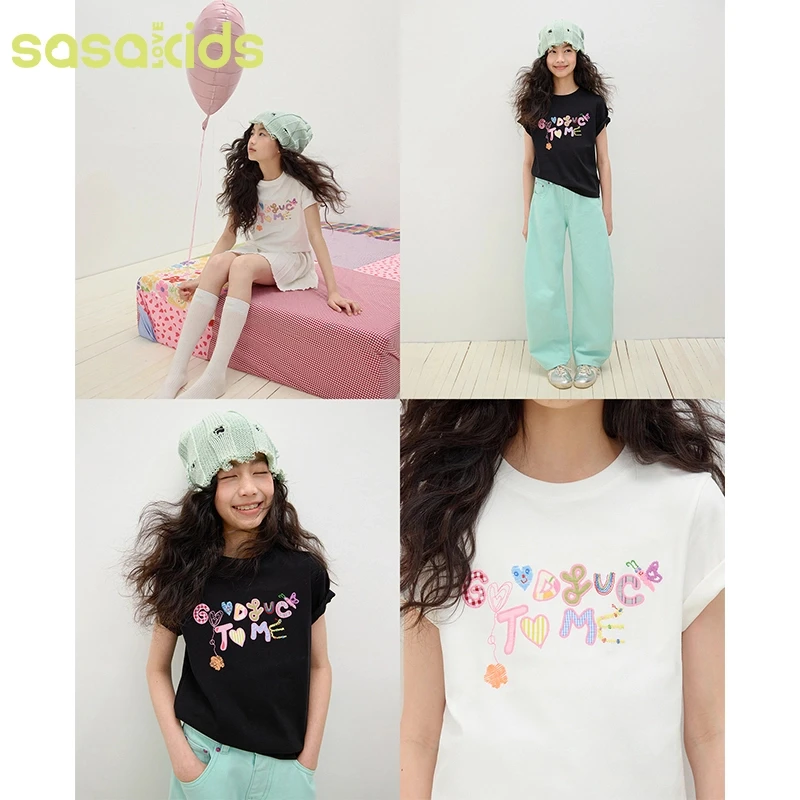sasakids 原创图案GOODLUCKTOME贴布绣短袖T恤 丝柔棉柔软亲肤C2