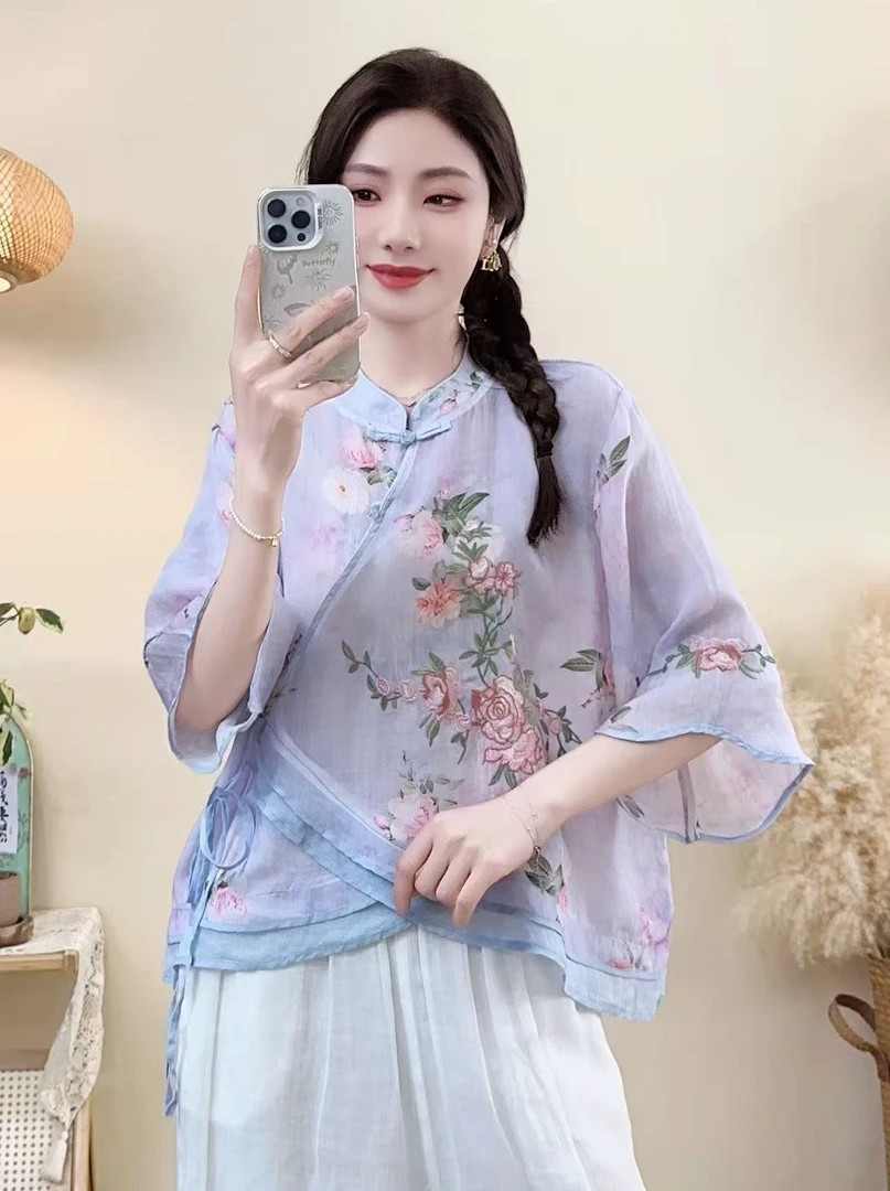 夏季新中式斜襟盘扣苎麻刺绣衬衫女国风系带改良汉服宽松短款上衣