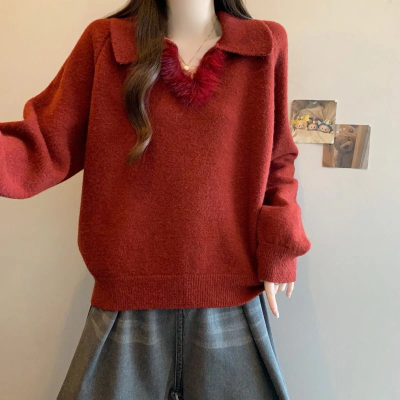 时尚POLO领毛毛拼接针织衫套头上衣毛衣2025年大码胖MM秋冬新款潮