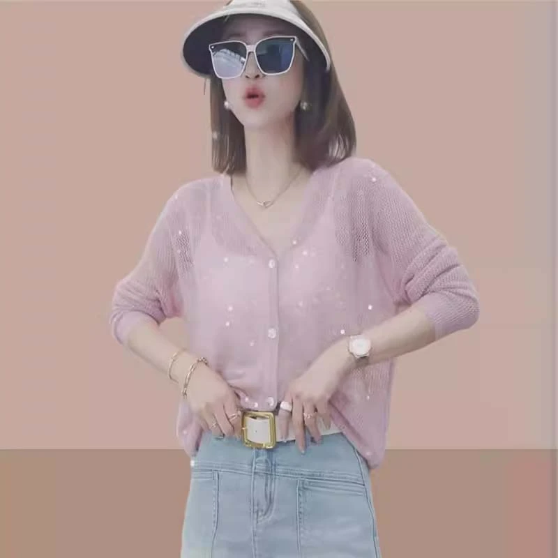 别致独特透气亮片镂空薄款针织开衫2025夏季新款休闲防晒小衫上衣