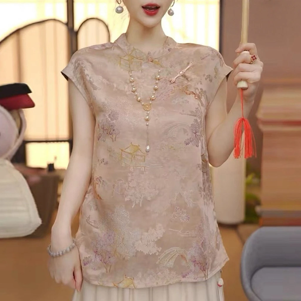 【亭台楼阁】680新中式短袖盘扣提花衬衫女