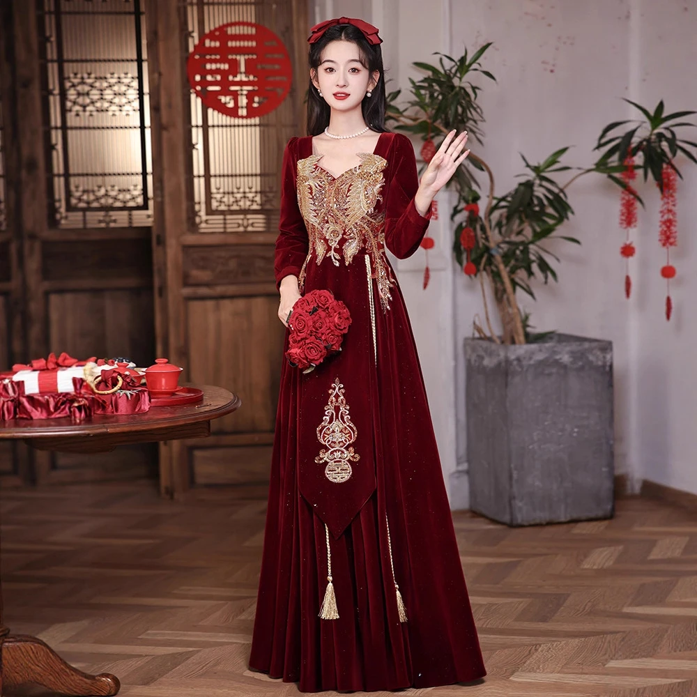 订婚礼服女秋冬高端2025新款敬酒服新娘结婚酒红色长袖丝绒新中式