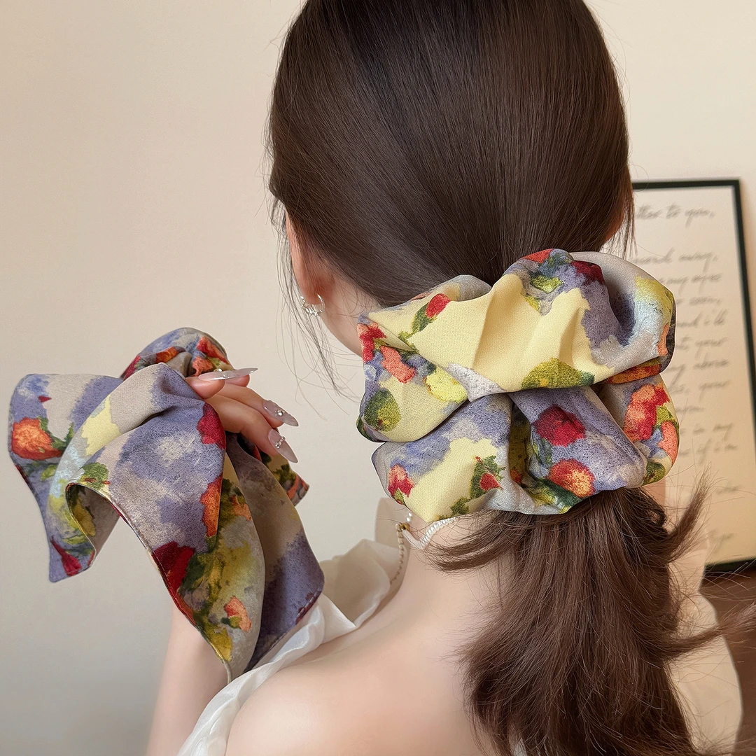 田园风复古油画印花大肠发圈丸子头百搭发绳时尚甜美头绳高弹头花