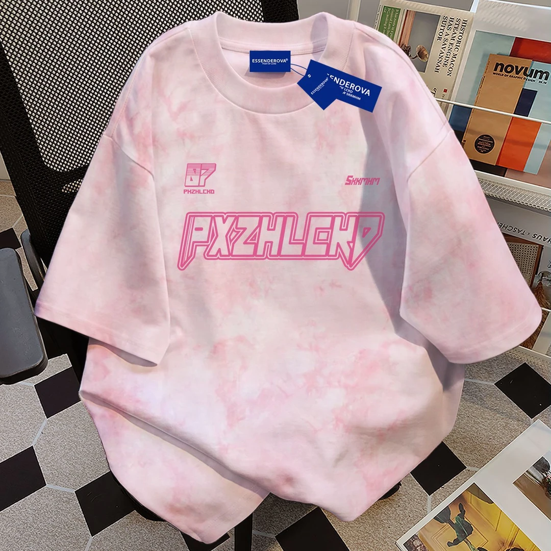 100%纯棉2025新款扎染短袖学生t恤男女夏季韩版百搭宽松圆领上衣