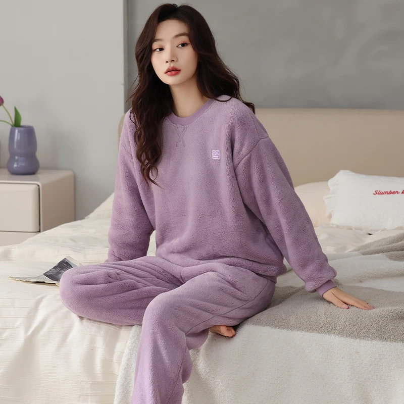 冬季新款睡衣女法兰绒纯色圆领加绒加厚保暖可外穿家居服休闲套装