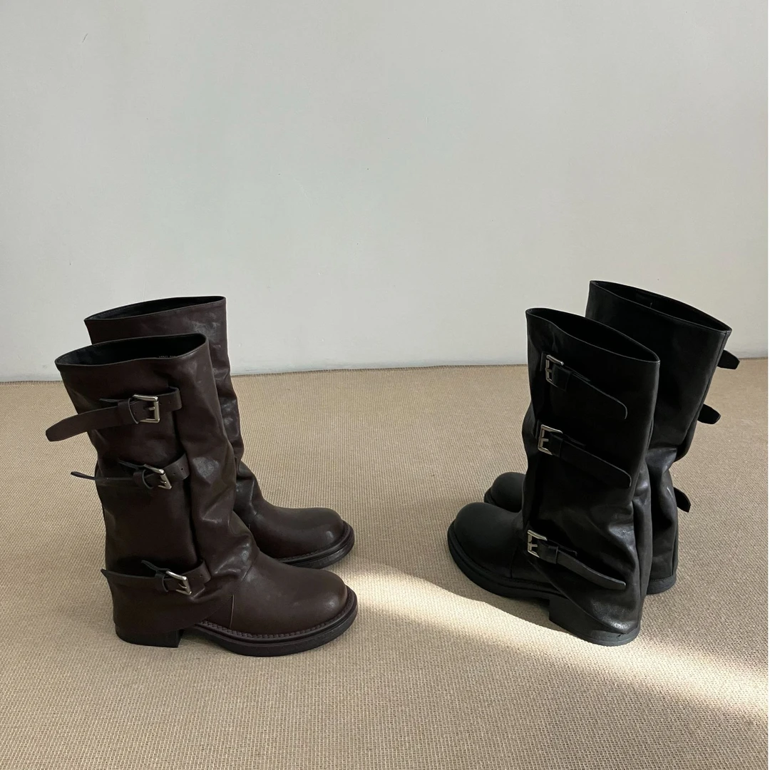 小众设计韩版厚底圆头裤管靴秋季新款皮带扣褶皱复古堆堆靴长筒