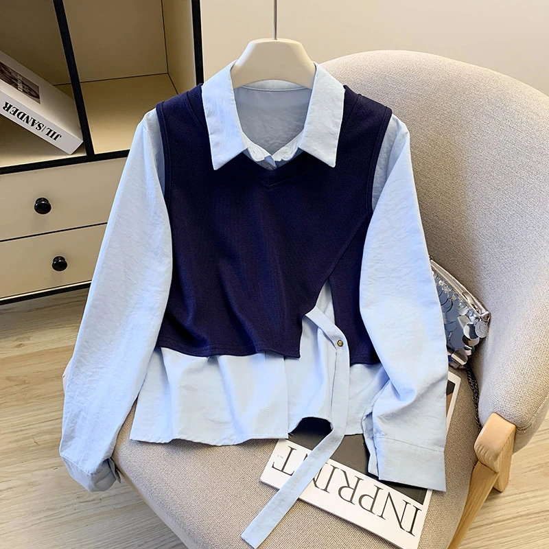韩系polo领绑带马甲衬衫女秋季设计感休闲显瘦拼接长袖上衣两件套