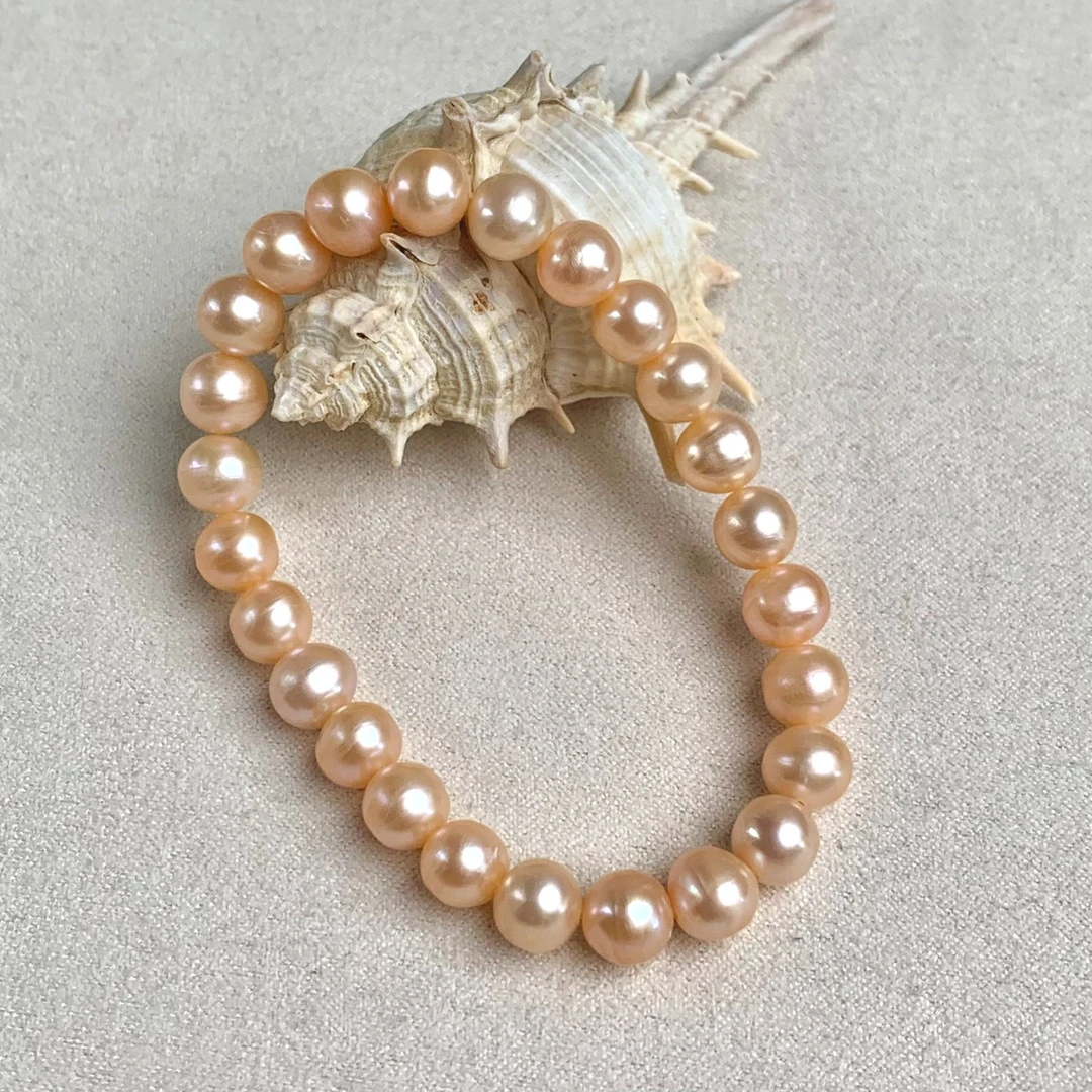 7-8mm天然淡水无核珍珠香槟粉近圆全珠手链0035