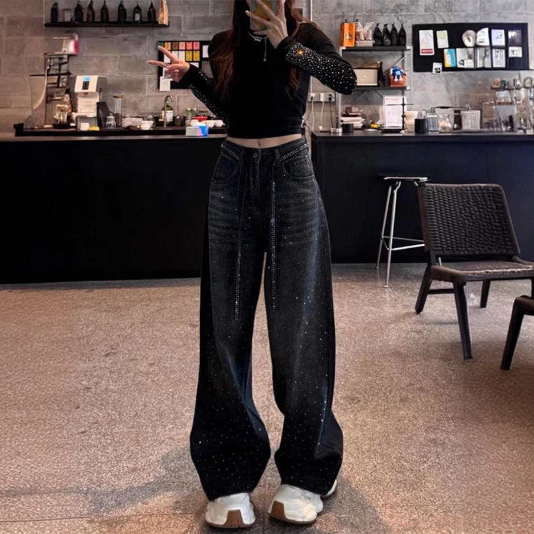 黑灰色烫钻阔腿牛仔裤女春季新款高腰宽松显瘦满天星小众拖地裤子