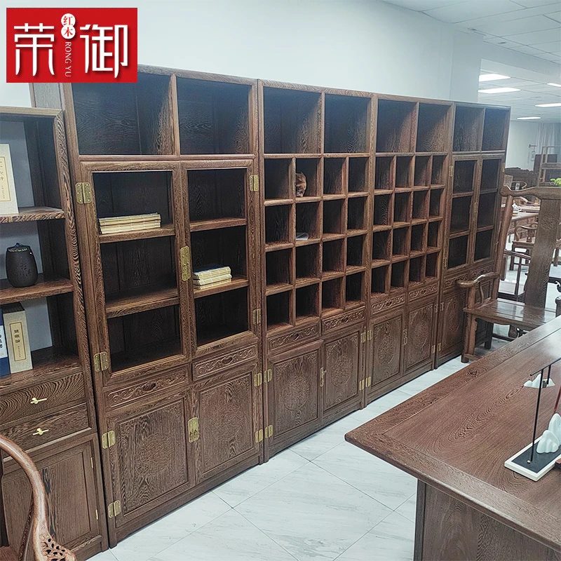 红木鸡翅木加高书柜书架四组合中式简约古董展示柜书房陈列柜