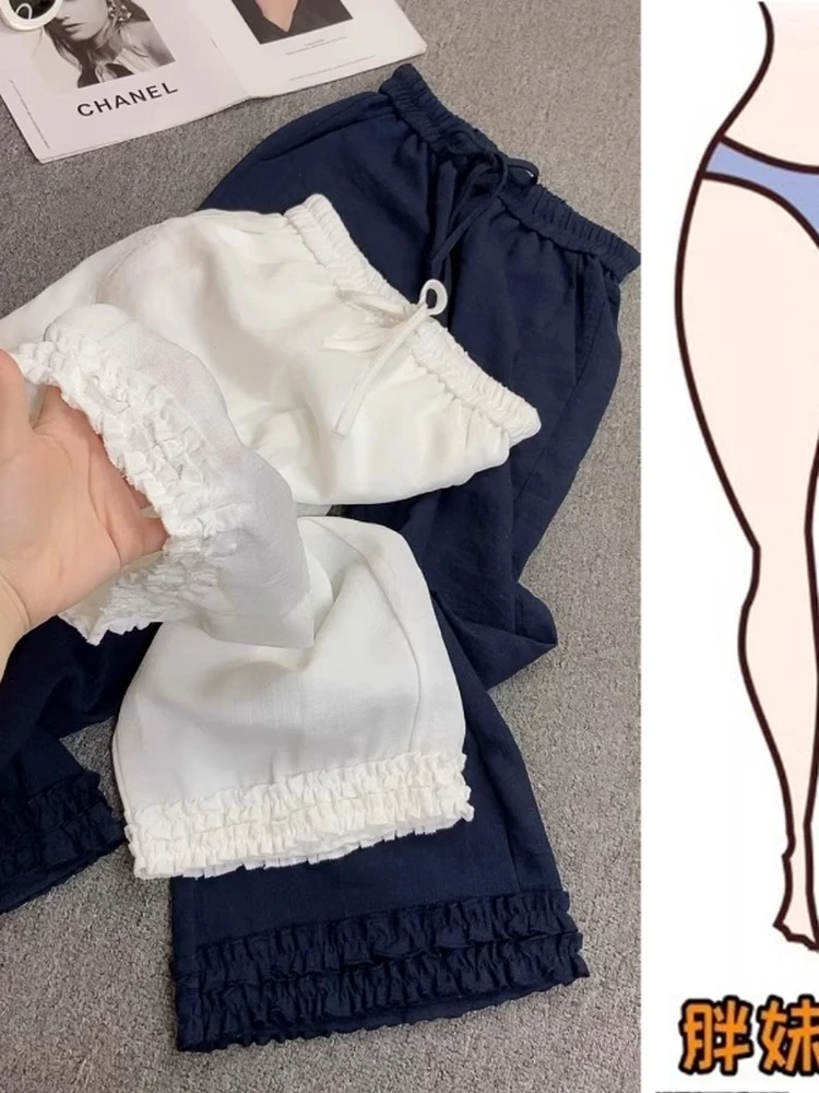 大码薄款花边气质阔腿裤直筒气质亚麻裤女夏季新款高腰显瘦九分裤