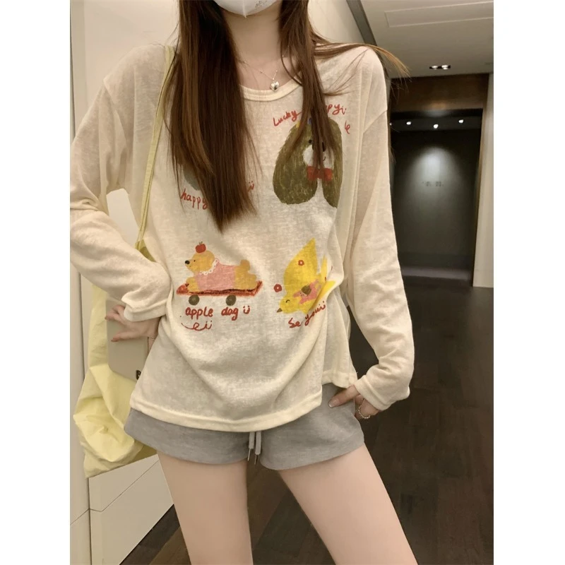 C串串MR【竹节条纹】早春穿搭可爱狗狗印花长袖T恤女慵懒风防晒罩