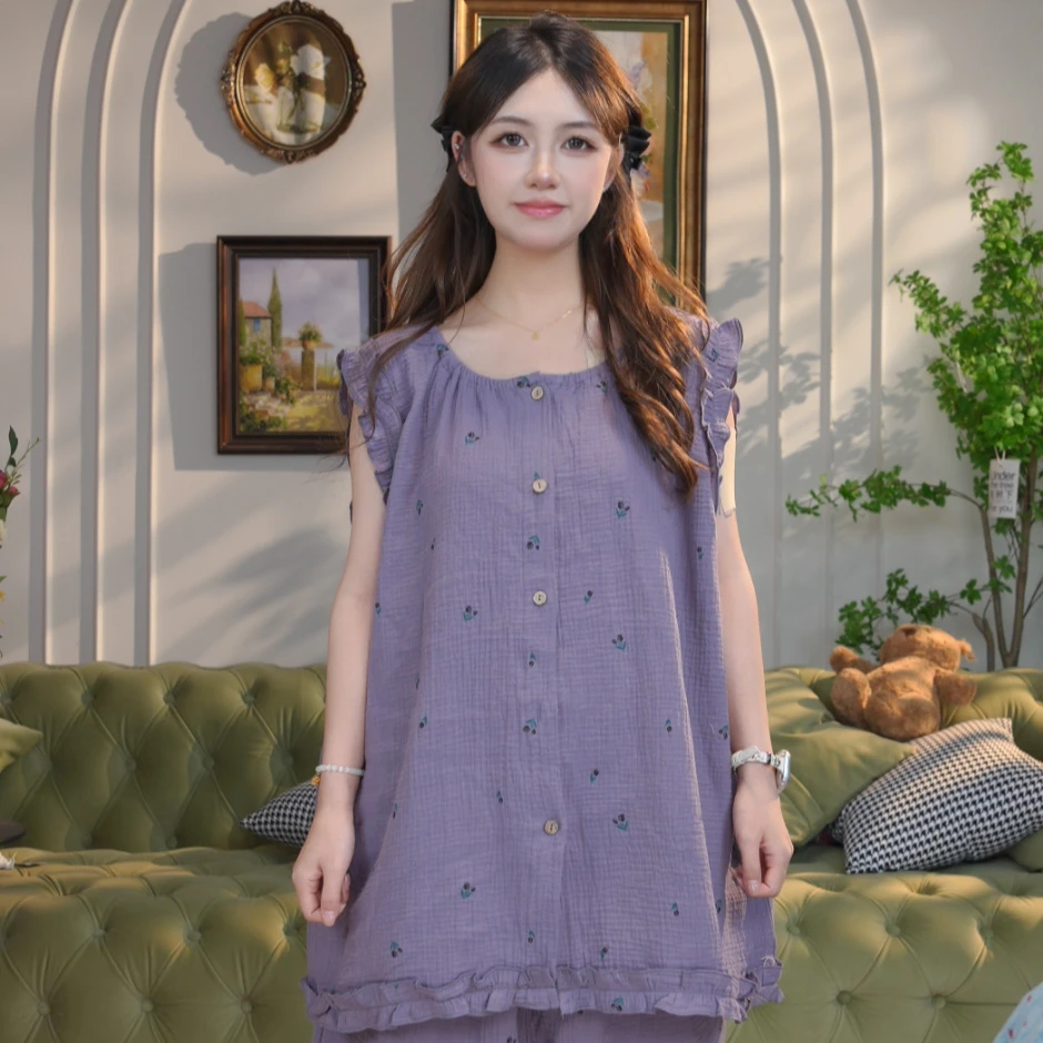 夏季大码纯棉睡衣薄款无袖短裤可外穿双层棉纱孕妈妈家居服两件套