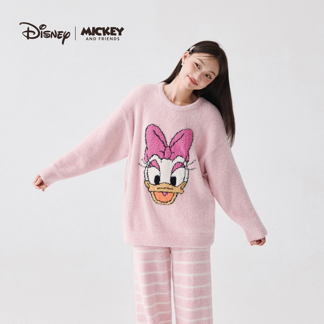 亲嘴猫黛丝 半边绒可外穿条纹卡通女睡衣家居服套装宽松BD59185