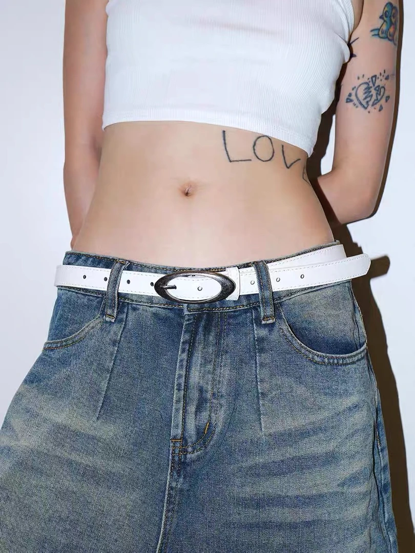 椭圆扣白色腰带窄款简约冷淡风百搭缝线设计皮带配饰男女同款装饰