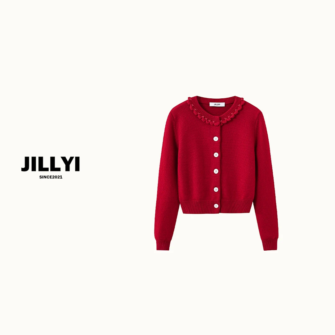 jillyi【限定红】红色圆领单排扣韩版针织开衫秋季纯色简约百搭