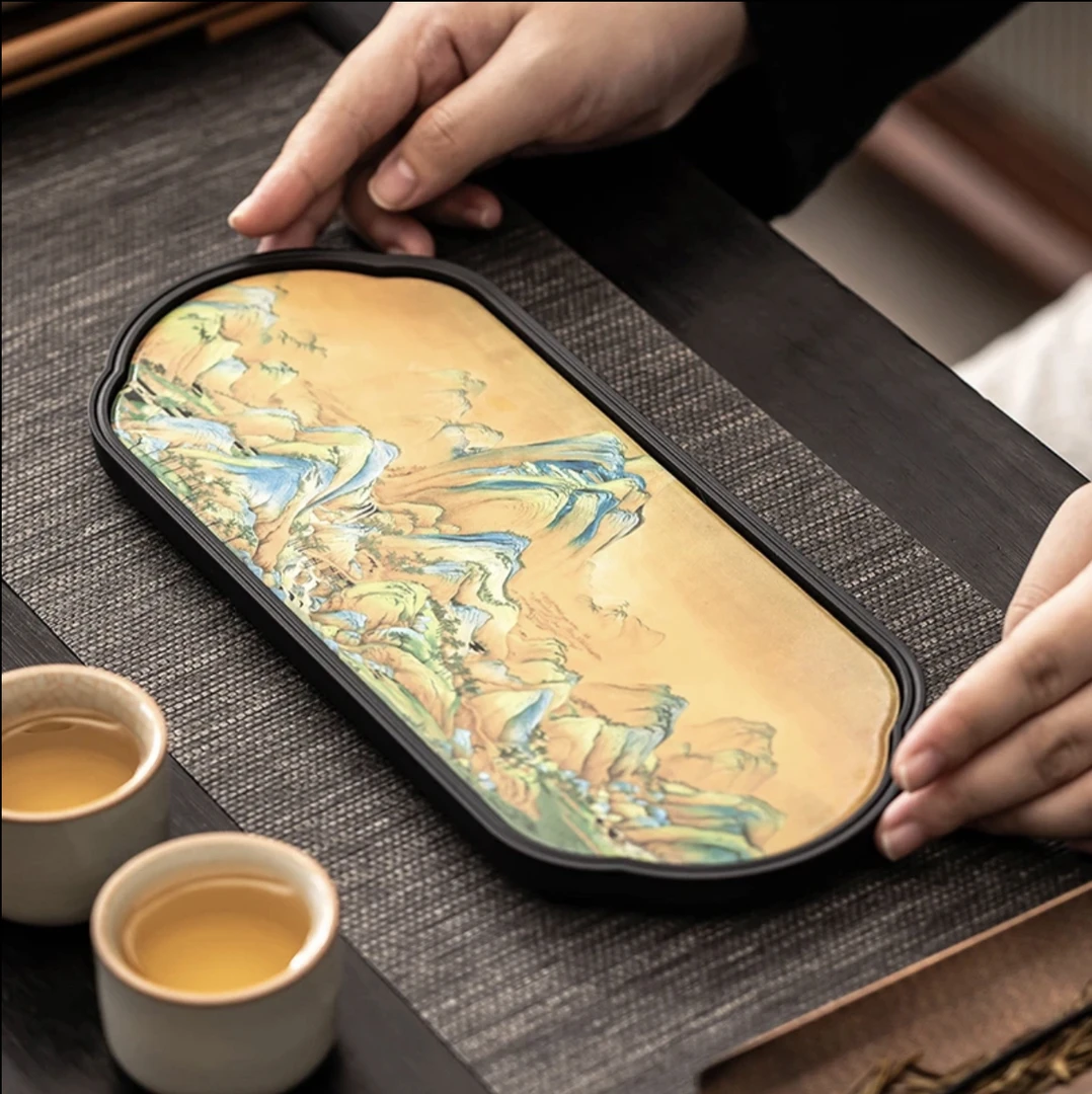 千里江山吸水茶盘干泡台复古家用个人专用泡茶干泡盘沥水茶具托盘