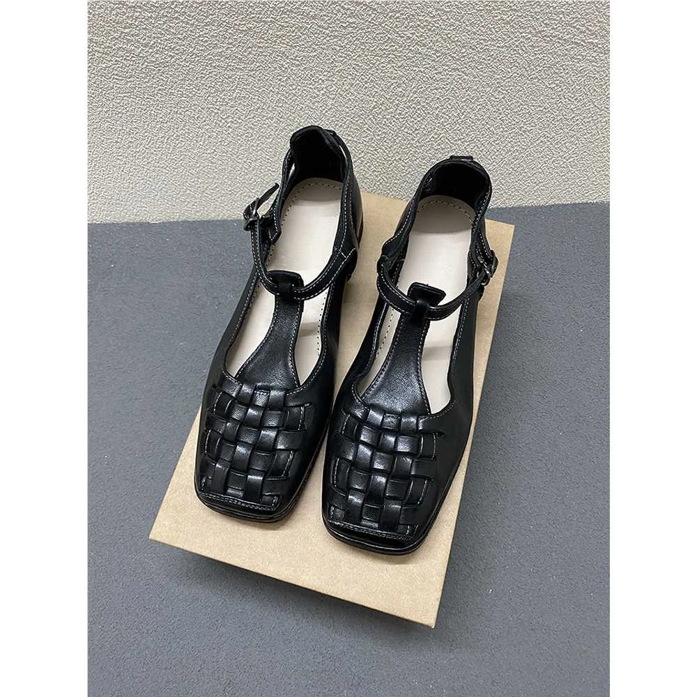 小众法式复古手工编织水洗马皮T字带玛丽珍鞋女方头舒适休闲单鞋