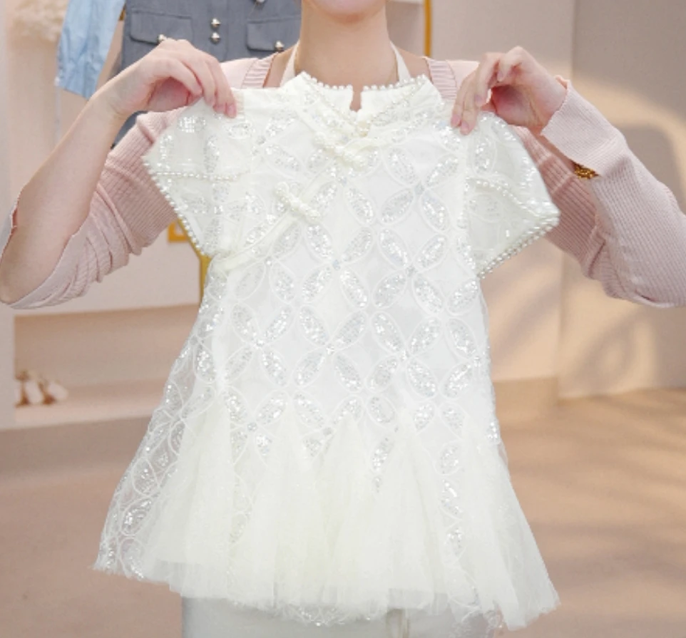 2023夏季新款中小童新中式典雅旗袍女童纯色短袖连衣裙22072