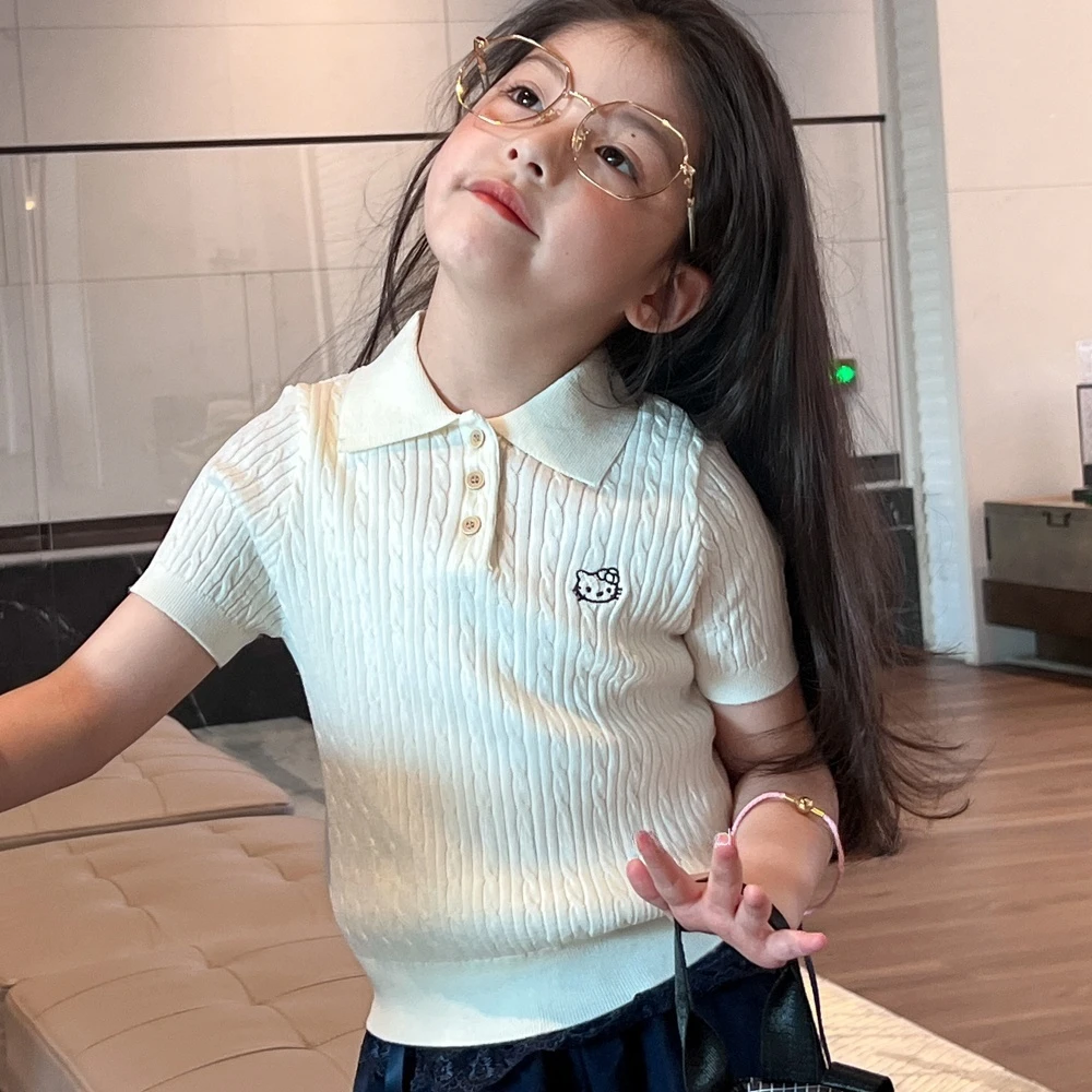 儿童POLO短袖夏季女中大童复古学院风领刺绣短袖冰丝上衣运动休闲