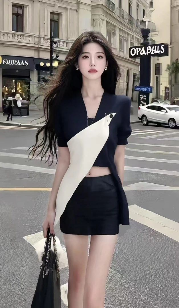 2025夏季新款时尚V领短袖不规则上衣+黑色包臀半身裙女显瘦两件套