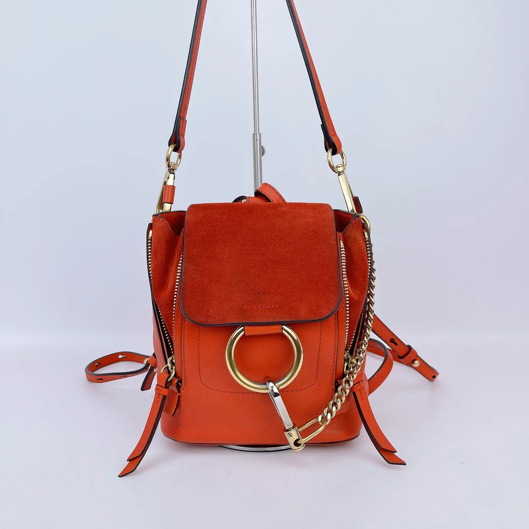 95新 Chloe/蔻依 蔻依 橘红色牛皮双肩包底长16 D713
