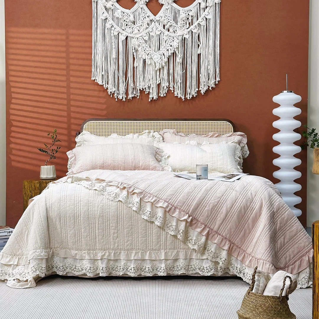 无季•棉与麻！法式超宽花边夹棉床盖凉席三件套！麻簌！