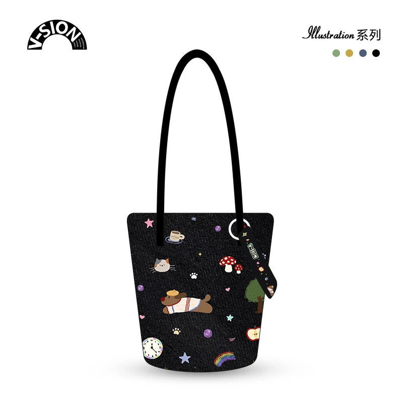 唯鑫V-SION快乐小镇新款插画联名休闲时尚通勤斜挎加长水桶帆布包