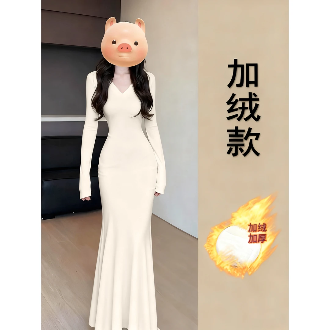 白色步步生莲鱼尾连衣裙女秋冬季加绒内搭伯克利梨形长款长裙子厚
