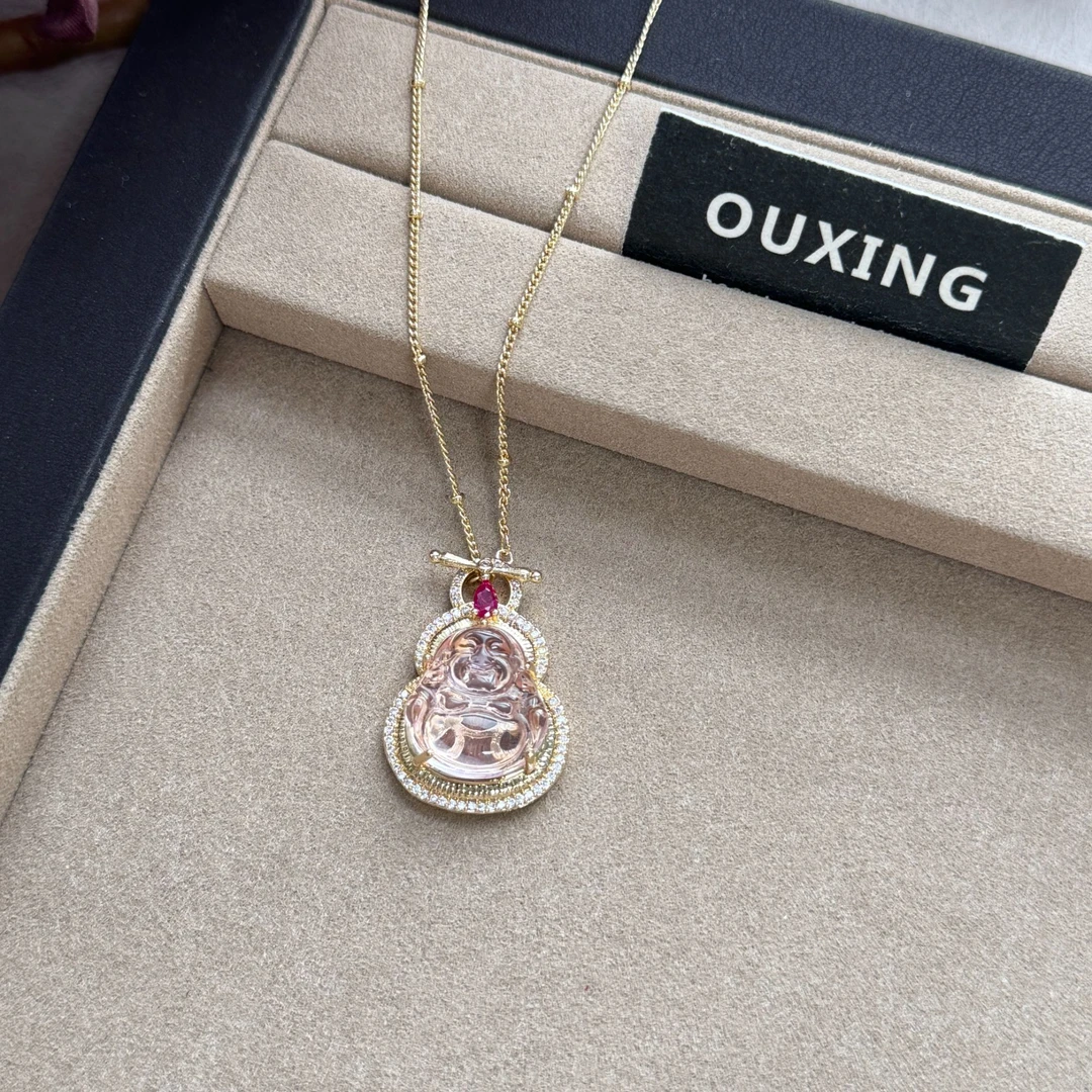 铜合金项链 新中式满钻粉色佛公项链