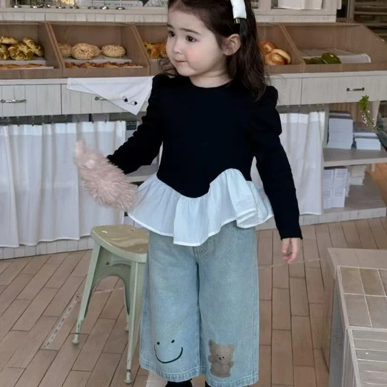 儿童套装女童春秋款2025新款洋气时髦宝宝荷叶边打底衫卡通牛仔裤
