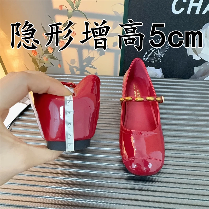 真皮法式红色玛丽珍鞋女2025新款平底浅口单鞋内增高配裙子晚晚鞋