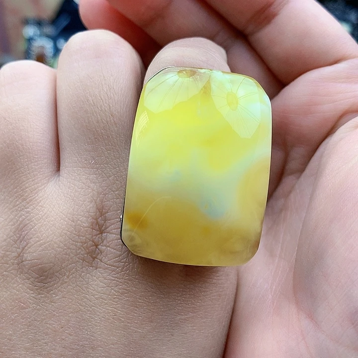 琥珀裸石银S925镶嵌戒指