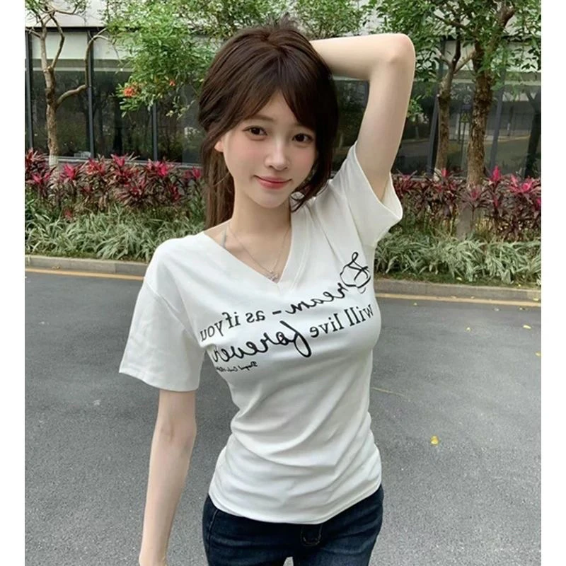 字母复古印花修身美式显瘦短袖T恤女装夏季新款辣妹绝美设计上衣