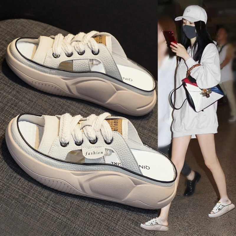 品质正品品质牛皮拖鞋女夏外穿2025新款厚底松糕软底运动罗马凉拖