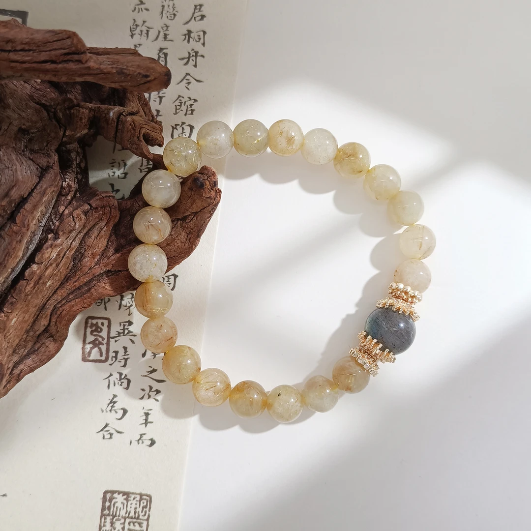 WHJ-002546【发晶月芒】灰月光石黄发晶 国风时尚女款手链手串