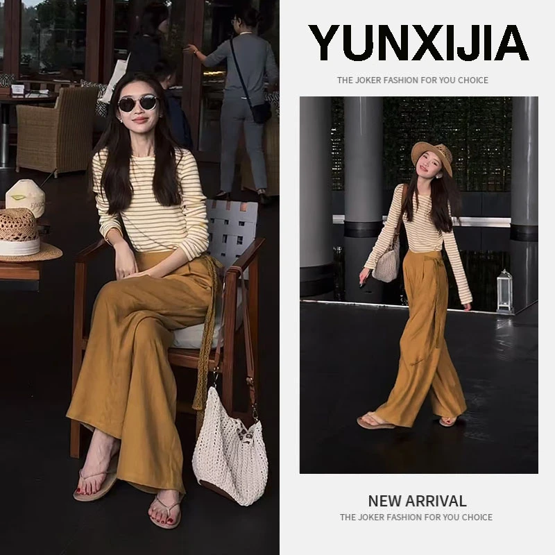 【现货】女装2025年新款轻熟风条纹长袖上衣高腰显瘦装长裤两件套