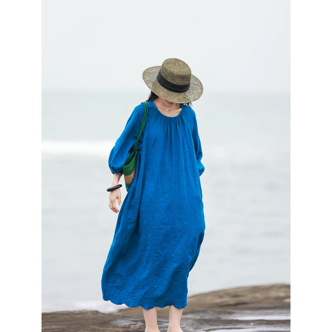 麻霖新品21支100%汉麻重磅定位水溶刺绣成衣染文艺休闲清凉连衣裙